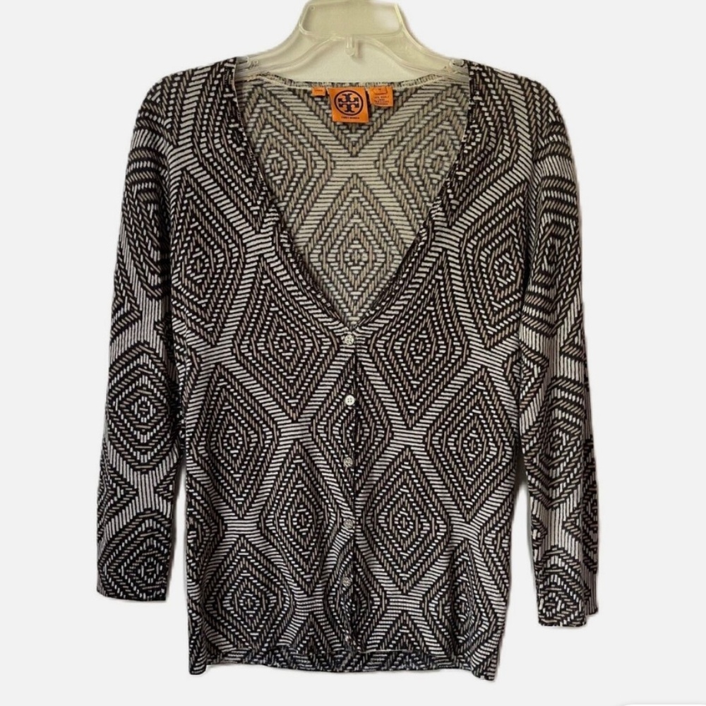 Tory Burch Women's Wool Button Cardigan Size M Geometric 3/4 Sleeve 100% Wool
